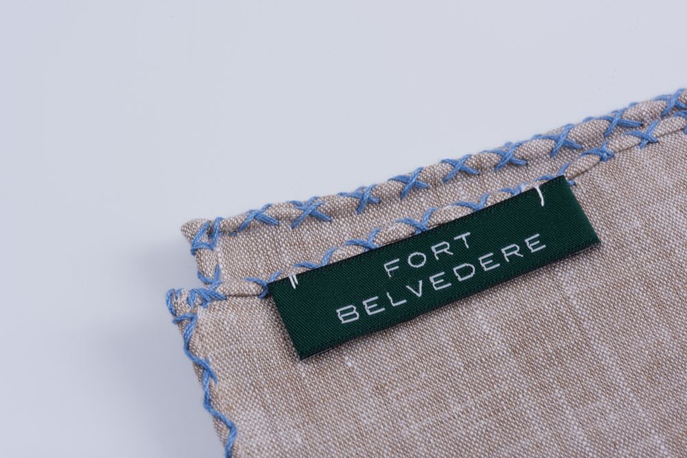Light Brown Linen Pocket Square with Blue Handrolled X Stitch - Fort Belvedere
