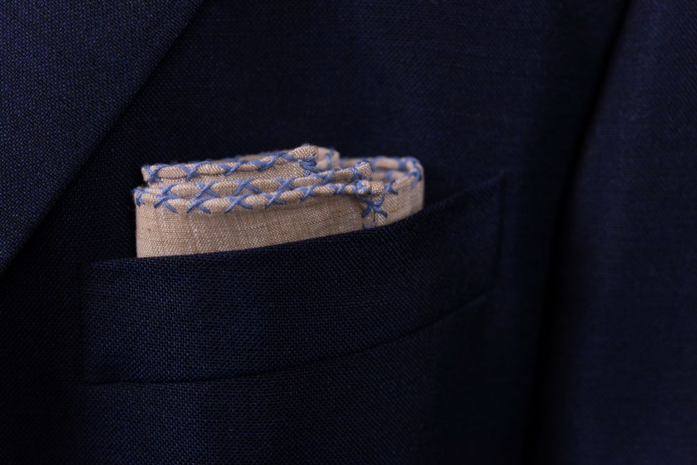 Light Brown Linen Pocket Square with Blue Handrolled X Stitch - Fort Belvedere