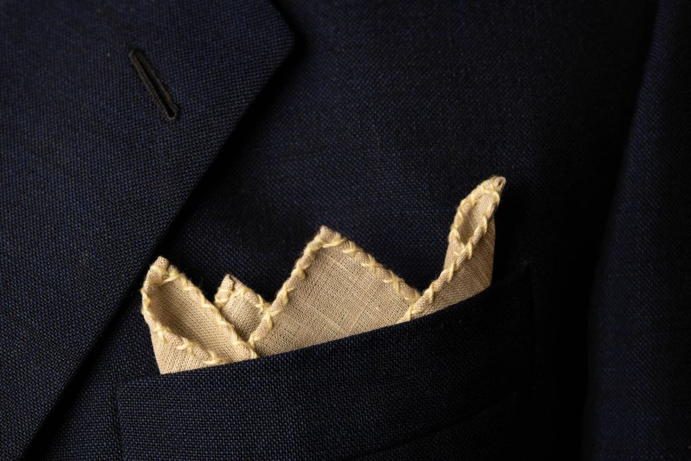 Light Brown Linen Pocket Square with Pale Yellow Handrolled Cross X Stitch - Fort Belvedere