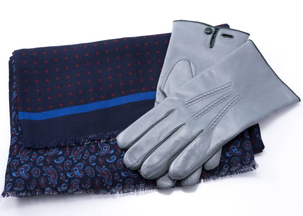 Light Grey Men's Gloves with Folded Reversible Scarf in Navy Blue & Red Silk Wool Polka Dots & Paisley