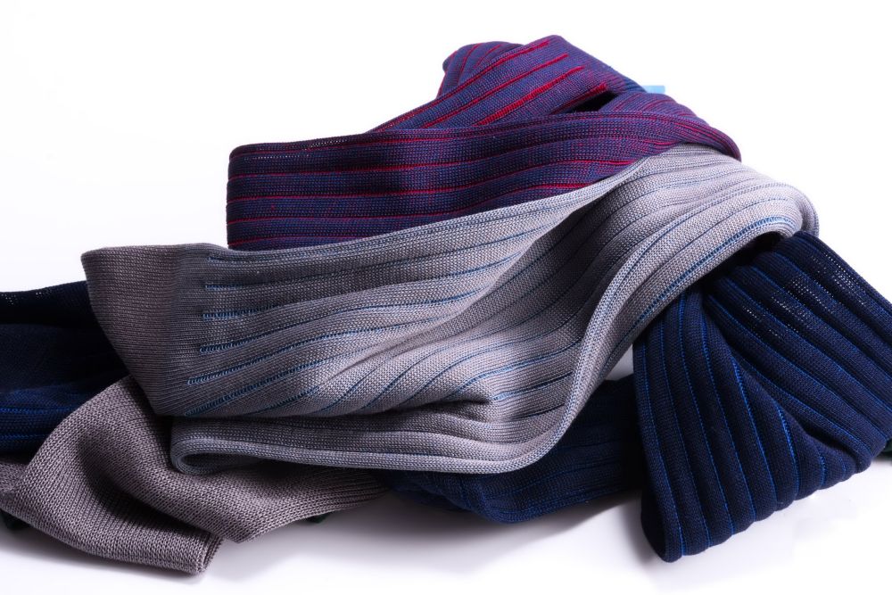 Light Grey, Navy Blue and Red Blue Ribbed Over the Calf Socks with Shadow Stripes Cotton Fil d Ecosse - Made in Italy by Fort Belvedere-024