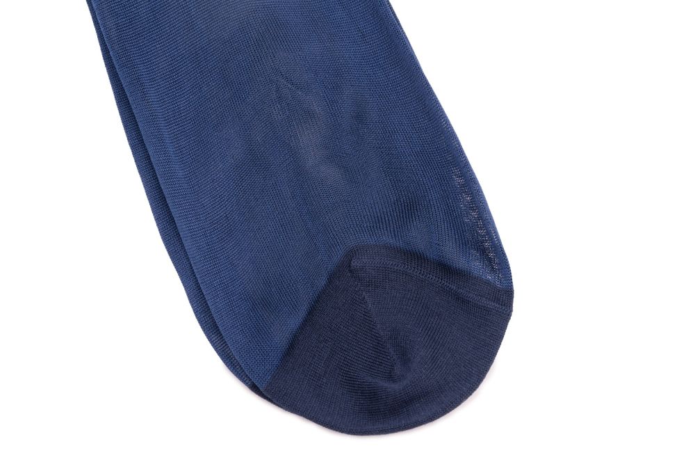 Hand-linked toe of Over the Calf Silk Socks in Light Navy by Fort Belvedere