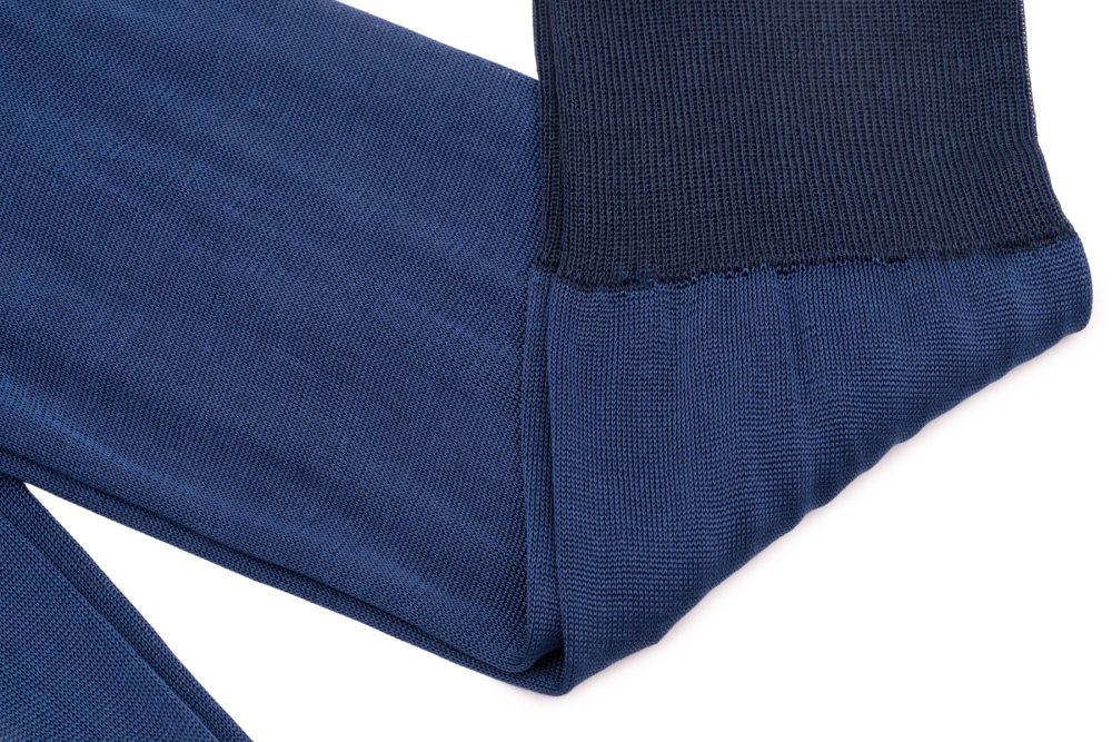 Cotton elastic detail on top and Over the Calf Silk Socks in Light Navy by Fort Belvedere detail shot
