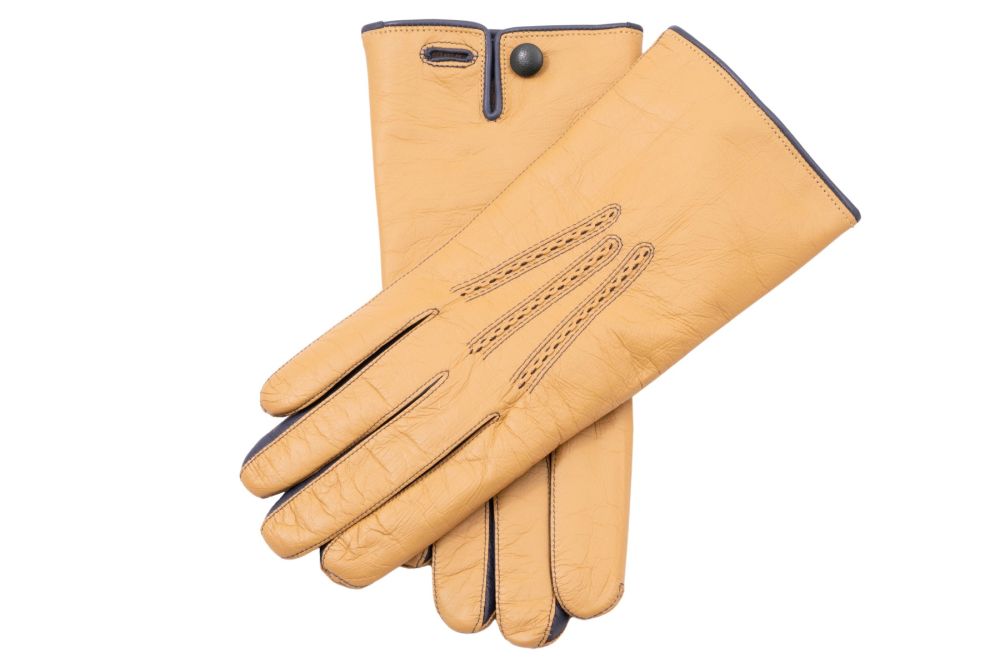 Light Tan Lamb Nappa Touchscreen Gloves with Denim Blue Contrast