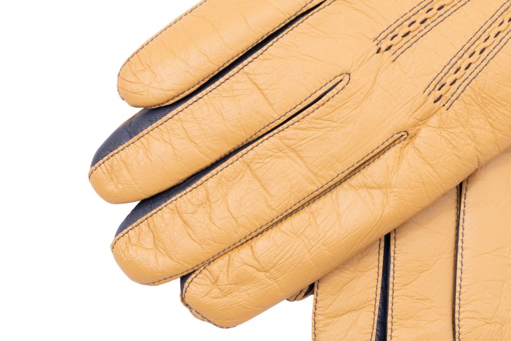 Light Tan Lamb Nappa Touchscreen Gloves with Denim Blue Contrast 10-Finger Touchscreen