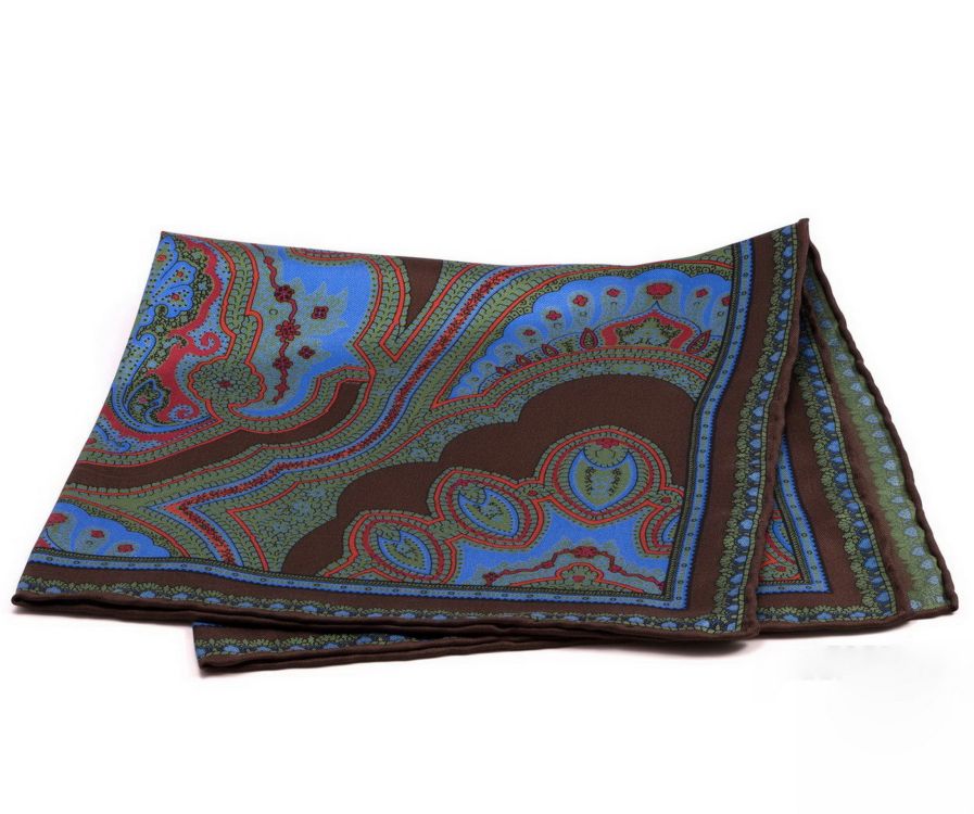 Silk Pocket Square in Brown with Blue, Green, Red Large Paisley Pattern- Fort Belvedere