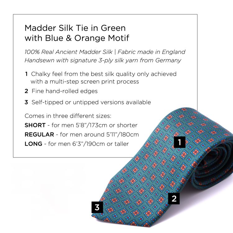 Madder Silk Tie in Green with Blue Orange Motif - Fort Belvedere