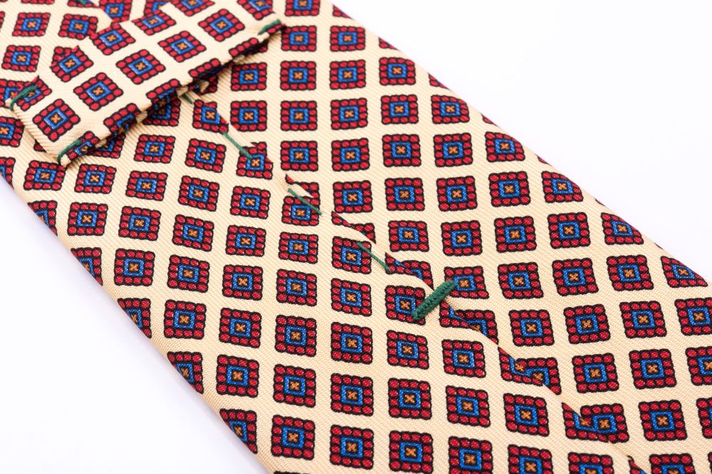 Back Detail Madder Print Silk Tie in Yellow with Red, Blue and Orange Diamond Pattern - Fort Belvedere