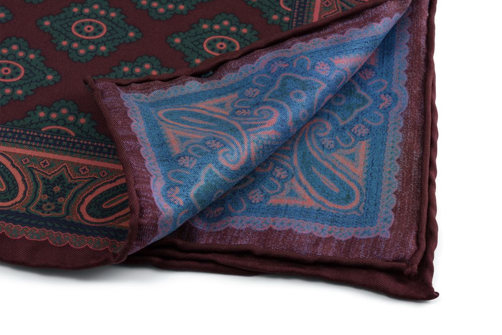 Dark Brown Madder Silk Pocket Square with Navy Bronze Green Diamond Motif and Paisley- Fort Belvedere