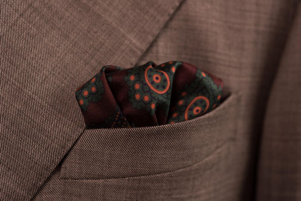 Dark Brown Madder Silk Pocket Square with Navy Bronze Green Diamond Motif and Paisley- Fort Belvedere