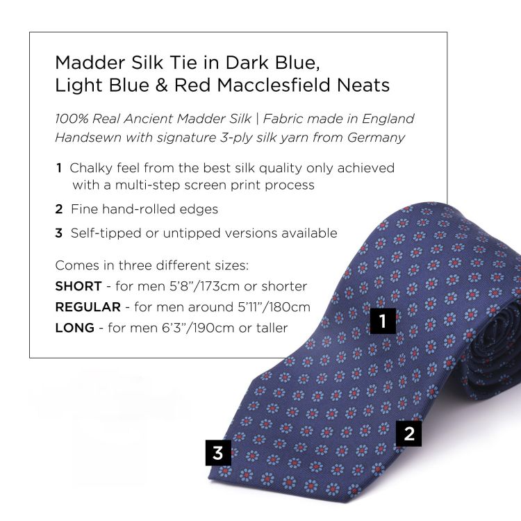 Madder Silk Tie in Dark Blue, Light Blue and Red Macclesfield Neats - Fort Belvedere