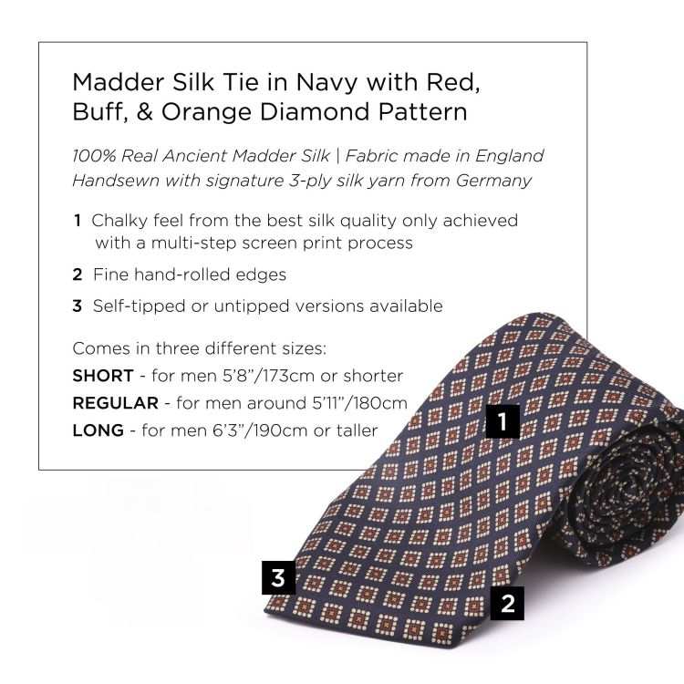 Madder Print Silk Tie in Navy with Red, Buff and Orange Diamond Pattern - Fort Belvedere