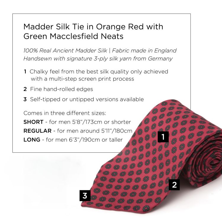 Madder Silk Tie in Orange Red with Green Macclesfield Neats - Fort Belvedere