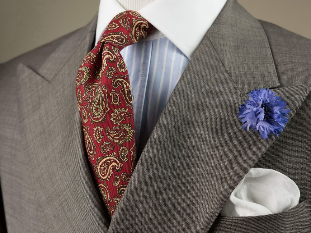 Madder Silk Tie in Red with Buff Paisley white pocket squares in linen and cornflower Handmade by Fort Belvedere