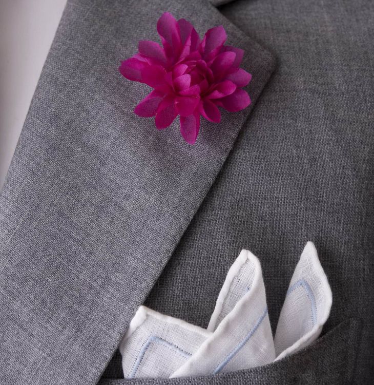 Magenta Pink Dahlia Silk Boutonniere with Linen Pocket Square - both by Fort Belvedere
