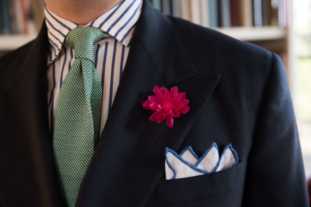 Magenta Pink Dahlia with green knit tie and pocket square by Fort Belvedere