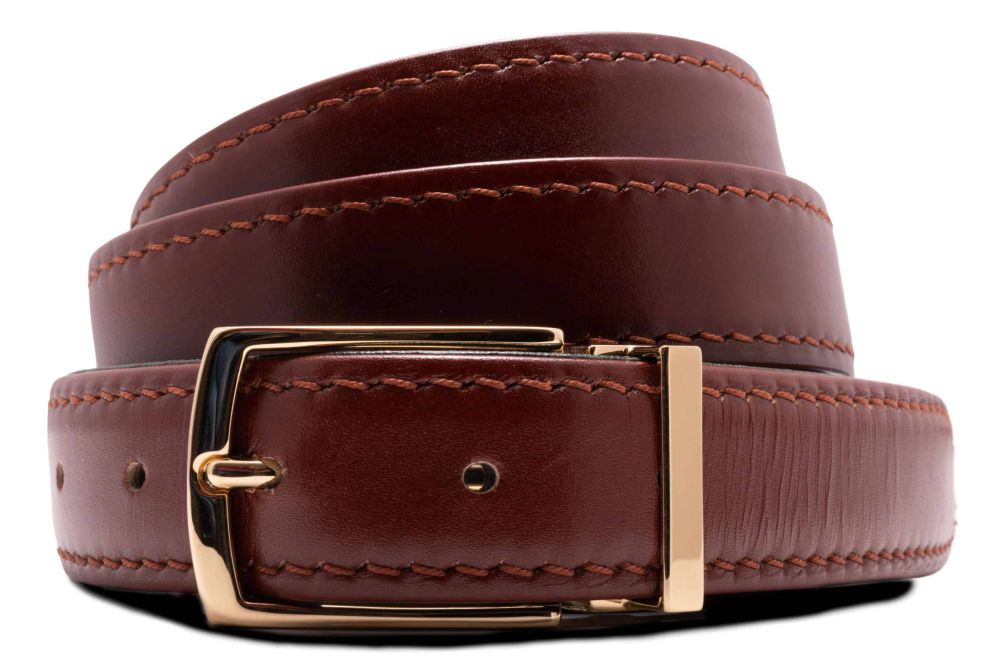 Cehstnut Brown boxcalf leather belt Benedict Gold Solid Brass Belt Buckle Exchangeable Oblong Rectangle with Gold Plating Hypoallergenic Nickel Free - Fort Belvedere
