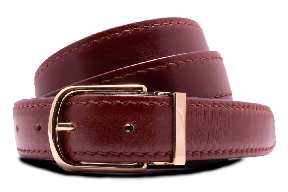 Chestnut Brown Calf Leather Belt Aniline Dyed Cut-To-Size - Folded Edges gold Jasper Buckle