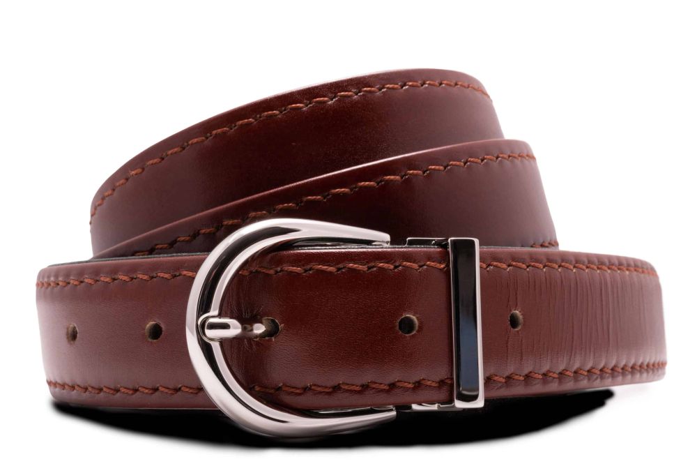 Chestnut medium Brown boxcalf leather belt George Silver Solid Brass Belt Buckle Horse Shoe Small Exchangable with Gold Plating Hypoallergenic Nickel Free - Fort Belvedere