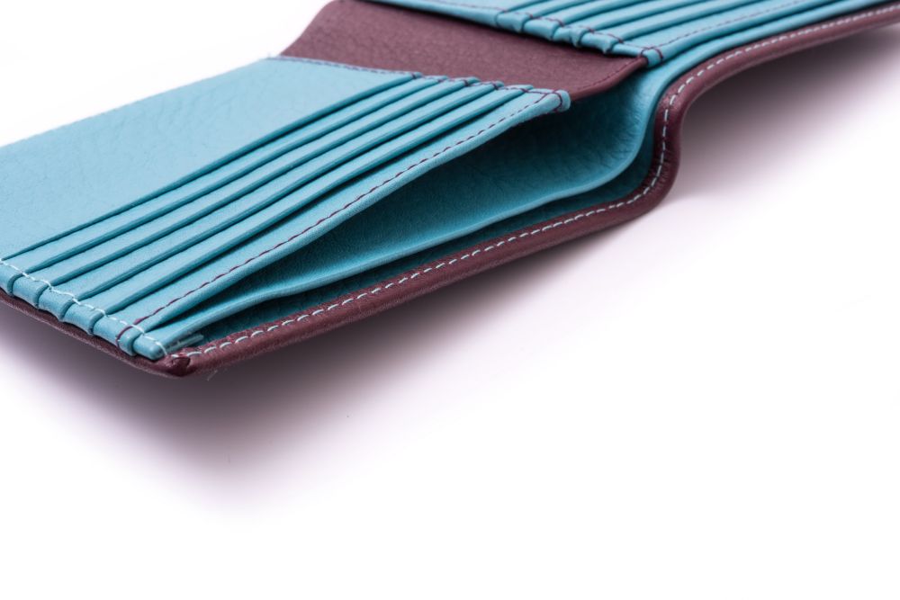 Men's Leather Wallet in Burgundy Oxblood Cordovan & Turquoise Deerskin with 10 CC Card Slots by Fort Belvedere