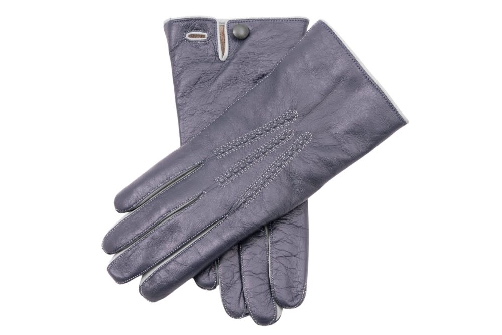 Midnight Blue Lamb Nappa Touchscreen Gloves with Light Gray Contrast
