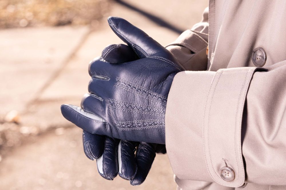 Midnight Blue Lamb Nappa Touchscreen Gloves with Light Gray Contrast Holding
