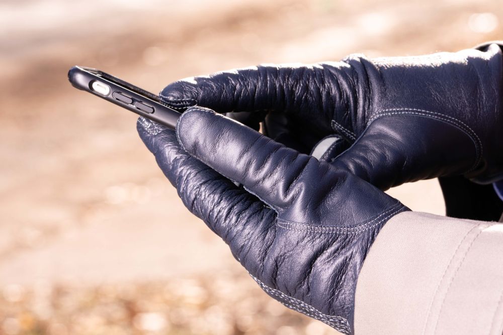 Midnight Blue Lamb Nappa Touchscreen Gloves with Light Gray Contrast 
