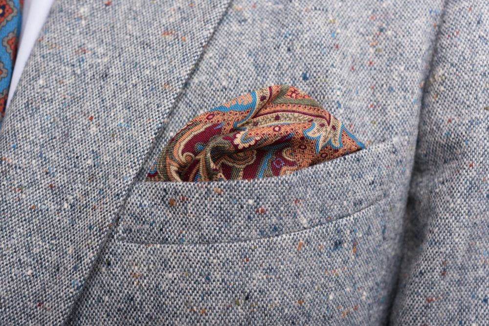 Mohair Blue, Burgundy, Green and Yellow Silk Wool Medallion Pocket Square - Fort Belvedere