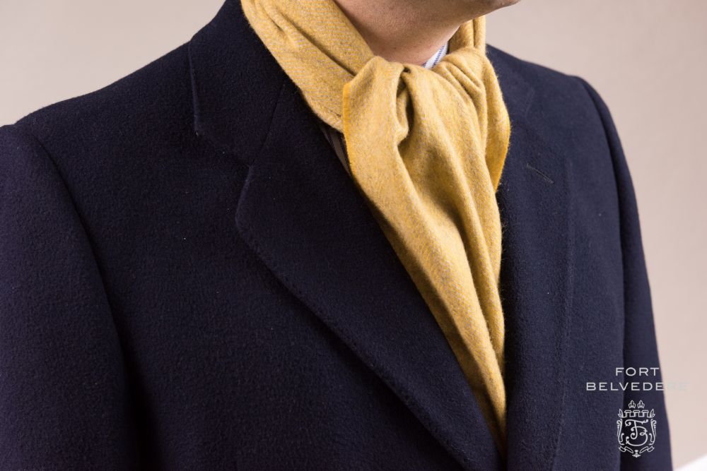 Mustard Yellow & Gray Herringbone Cashmere Scarf 180 x 30 cm 72 x 12 inch - Fort Belvedere Made in Germany with navy overcoat