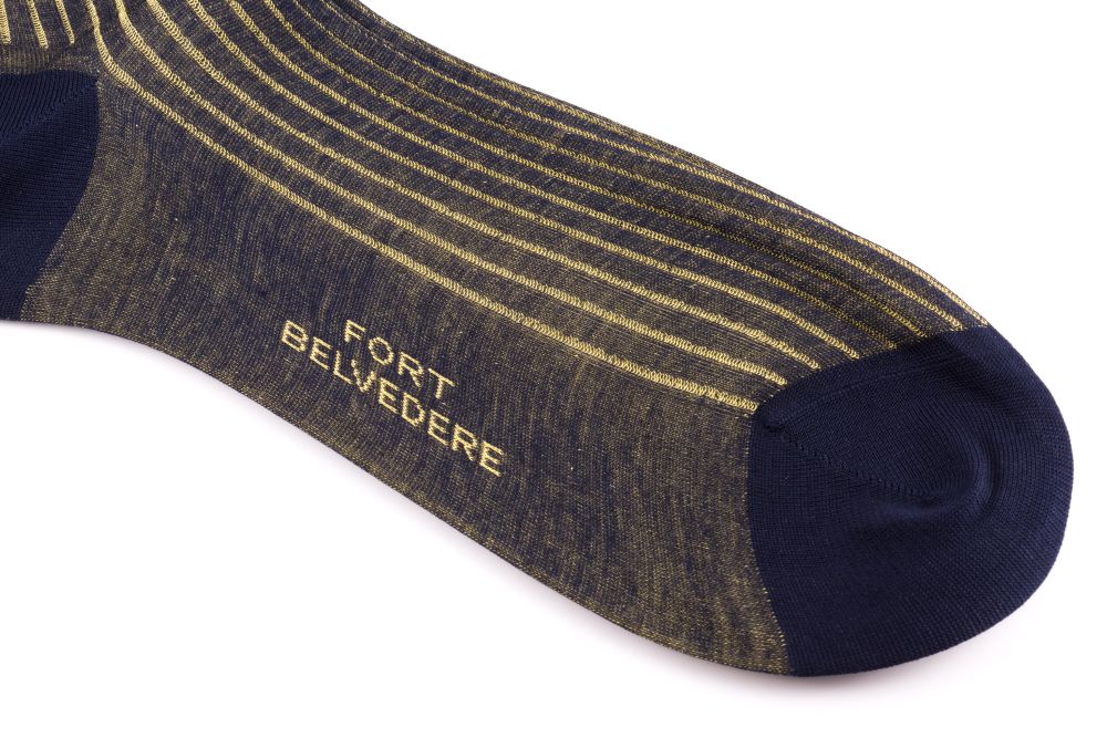 closer look Navy and Yellow Shadow Stripe Ribbed Socks Fil d'Ecosse Cotton - Fort Belvedere