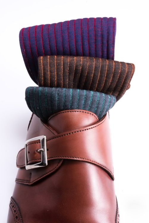 Navy Blue, Red orange and Turquoise grey charcoal Ribbed Over the Calf Socks with Shadow Stripes Cotton Fil d Ecosse - Made in Italy by Fort Belvedere