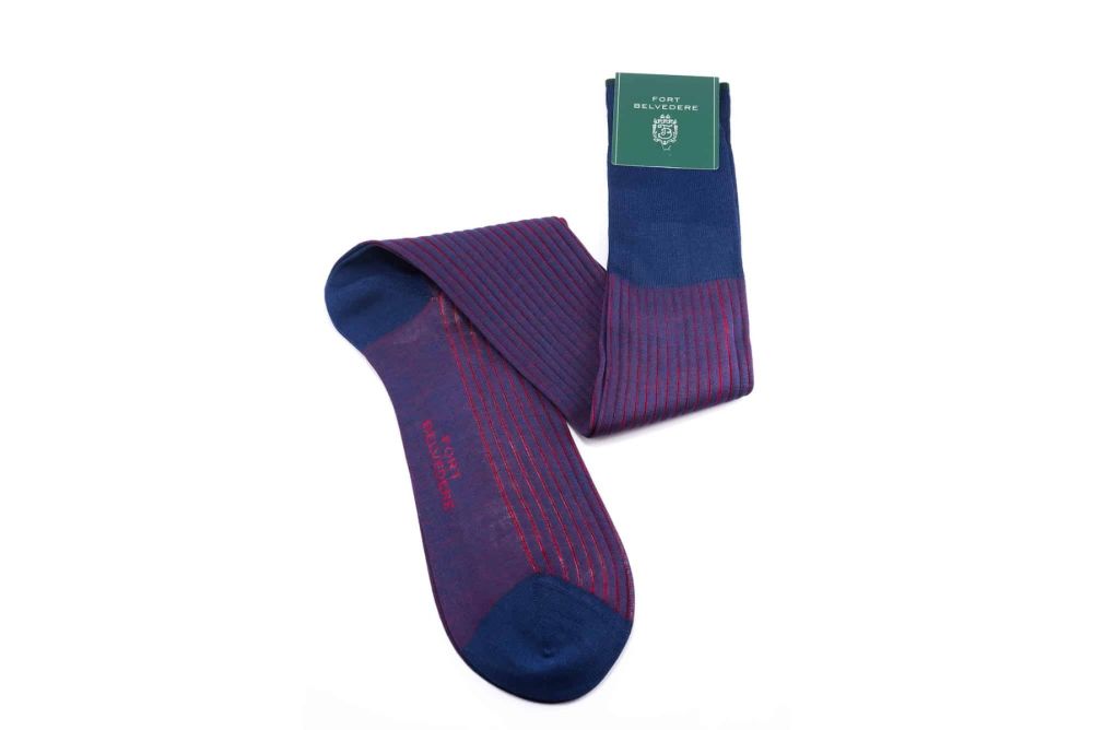 Shadow Stripe Ribbed Socks Navy Blue and Red Fil d'Ecosse Cotton - Fort Belvedere