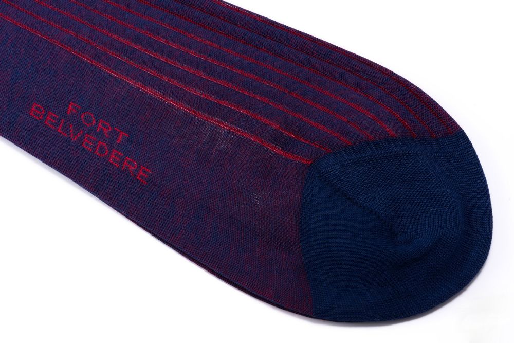 Navy Blue and Red Ribbed Over the Calf Socks with Shadow Stripes Cotton Fil d Ecosse - Made in Italy by Fort Belvedere