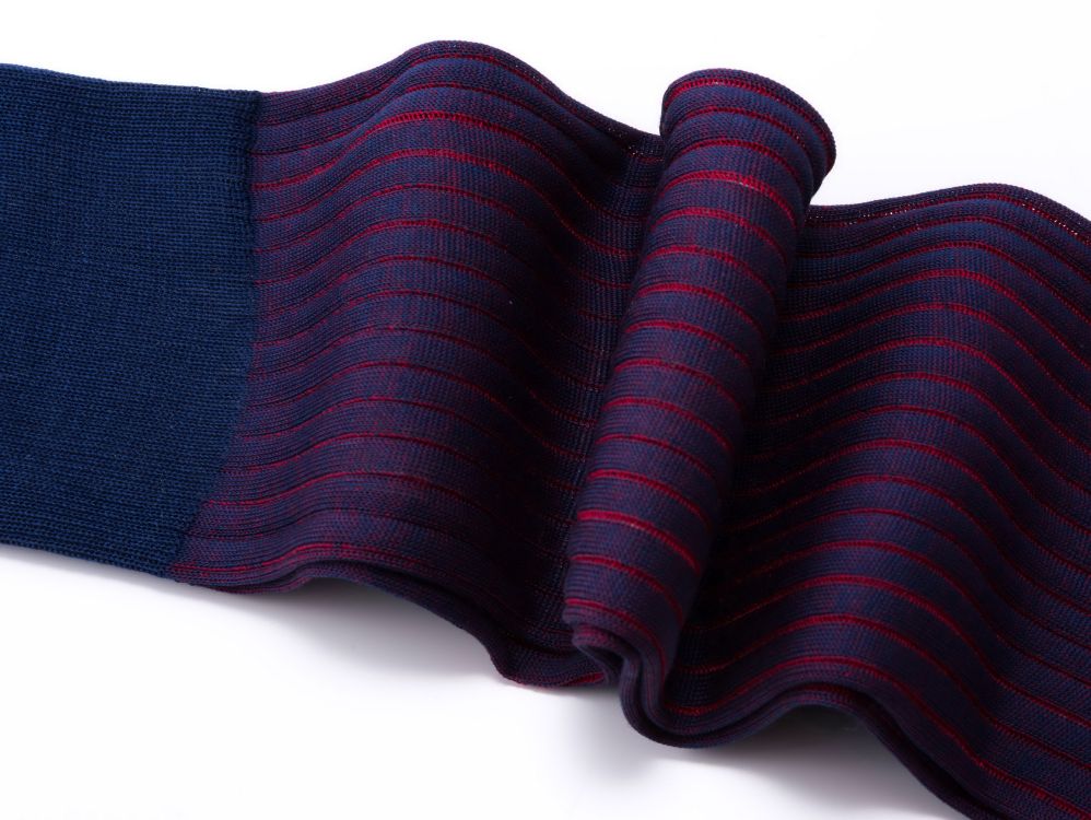 Navy Blue and Red Ribbed Over the Calf Socks with Shadow Stripes Cotton Fil d Ecosse - Made in Italy by Fort Belvedere wave