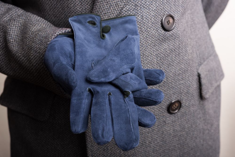 Navy Blue Gray Suede Unlined Leather Mens Gloves with Button by Fort Belvedere