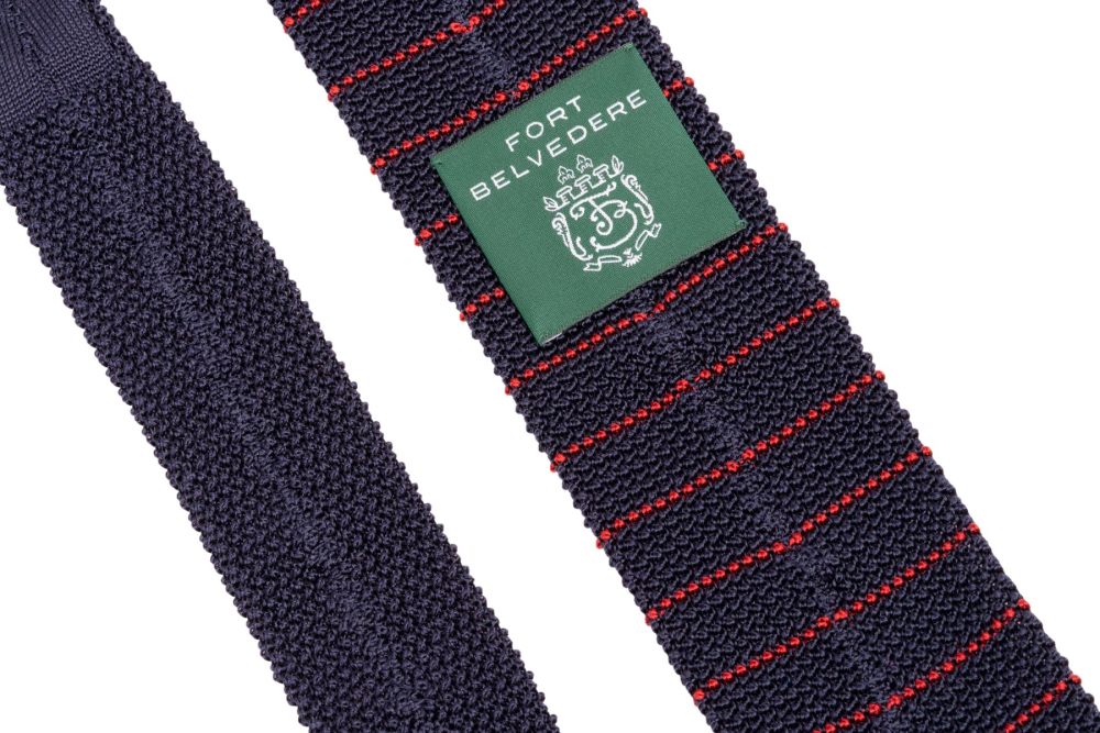 Knit Tie in Solid Navy with Fine Red Stripes - Fort Belvedere