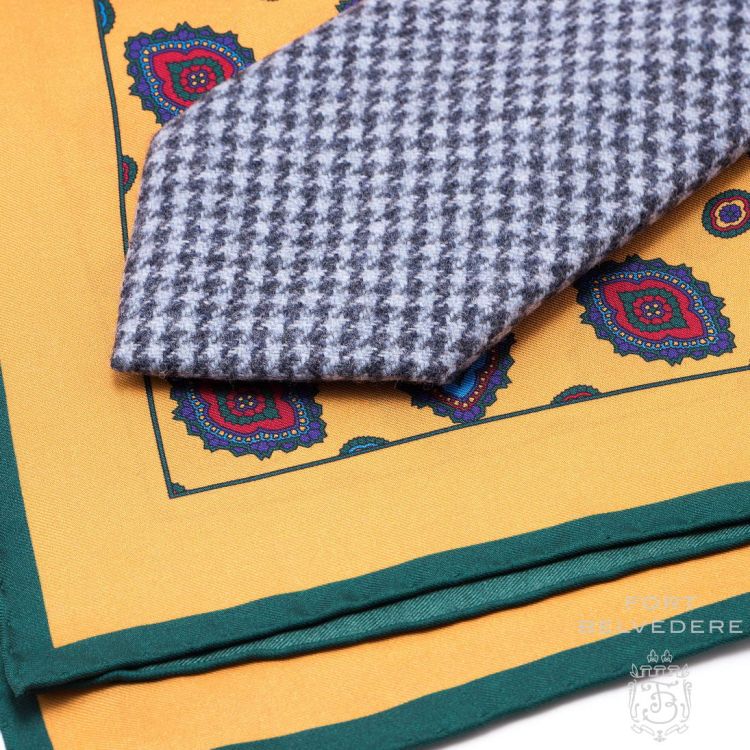 Navy & Light Blue Houndstooth Wool tie and Silk Pocket Square in Yellow with Diamond Motif & Green Contrast Edge