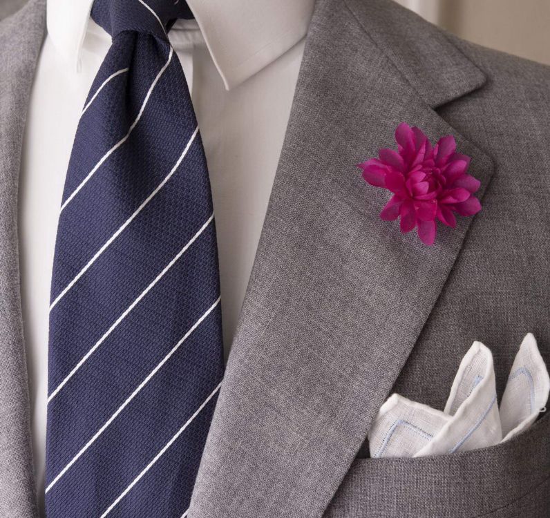 Navy Striped Silk Jacquard Tie with Magenta Pink Dahlia Silk Boutonniere  Flower - all by Fort Belvedere