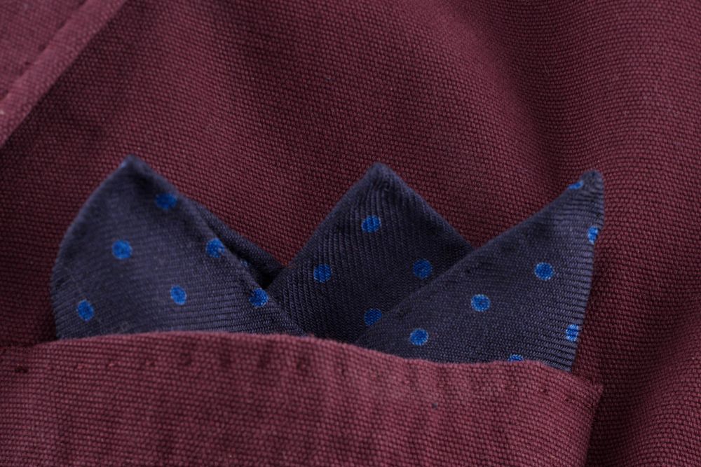 Navy Wool Challis Pocket Square with Blue Polka Dots in Crown Fold - Fort Belvedere