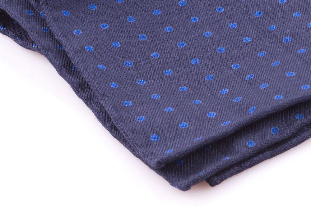 Navy Wool Challis Pocket Square Handmade with Blue Polka Dots by Fort Belvedere