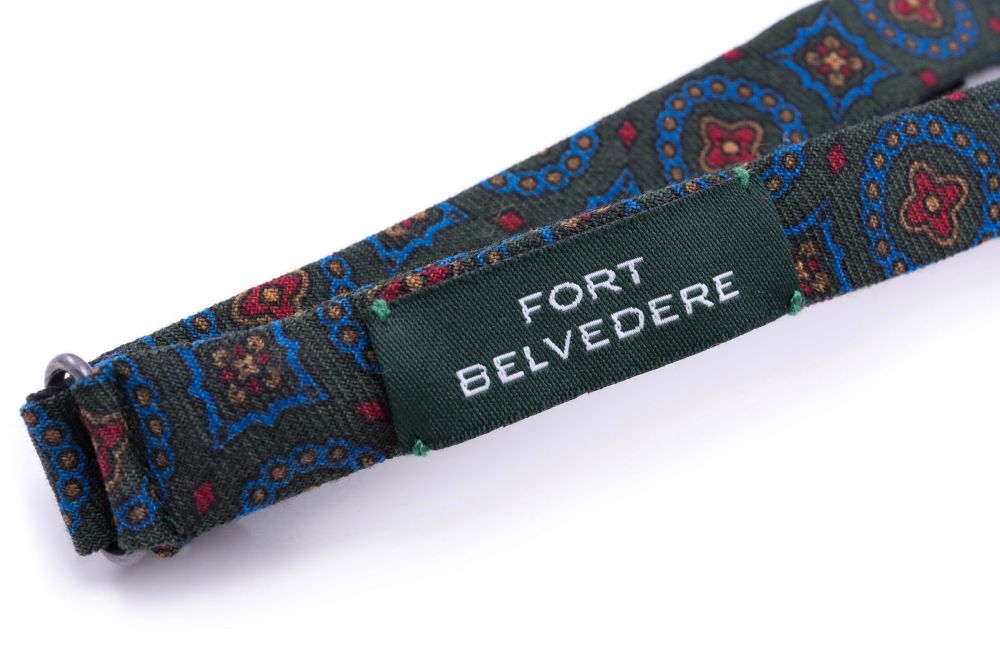 Adjustable Neck Strap Wool Challis Bow Tie in Dark Green, Red, Blue, & Mustard Yellow Pattern - Fort Belvedere