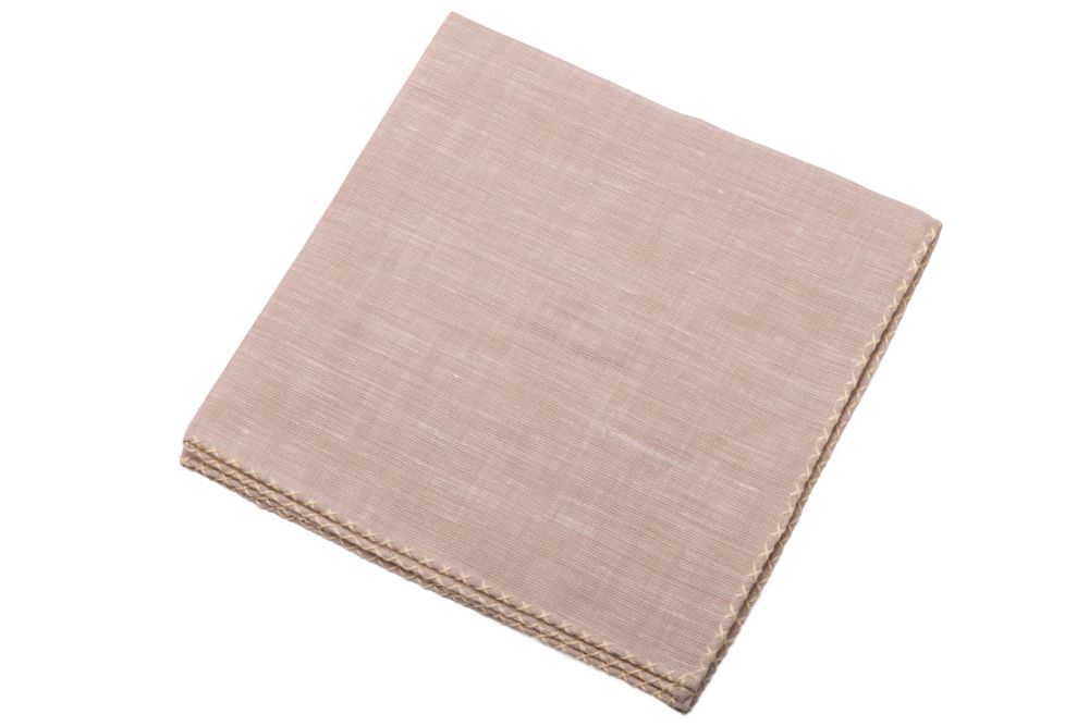 Light Brown Linen Pocket Square with Pale Yellow Handrolled Cross X Stitch - Fort Belvedere