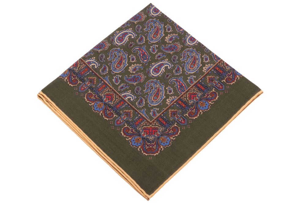 Olive Green Silk Wool Pocket Square with Paisley in Beige, Blue, Red and Orange and beige shoestring edge - Fort Belvedere