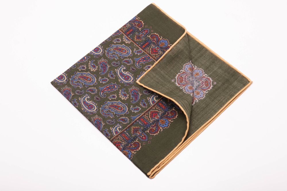 Olive Green Silk Wool Pocket Square with Paisley in Beige, Blue, Red and Orange and beige shoestring edge - Fort Belvedere