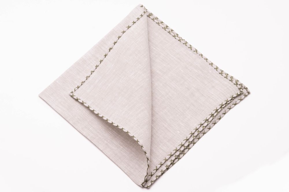 Pale Green Linen Pocket Square with handrolled Olive Green X-stitch edges - Fort Belvedere