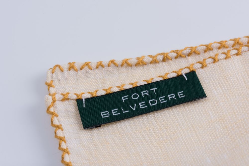 Pale Yellow Linen Pocket Square with Yellow Handrolled X Stitch - Fort Belvedere