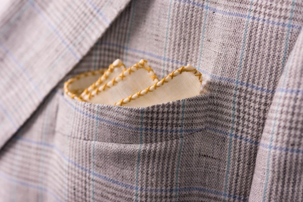 Pale Yellow Linen Pocket Square with Yellow Handrolled X Stitch - Fort Belvedere