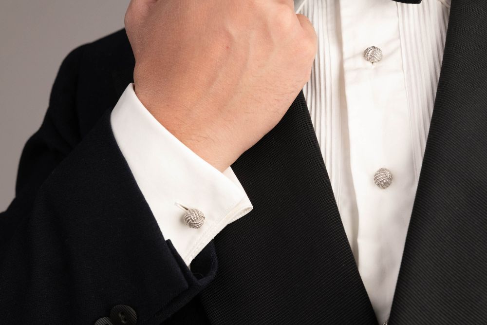 Matching cufflinks and Platinum Evening Shirt Studs with Monkey Fist Knots in Sterling Silver by Fort Belvedere