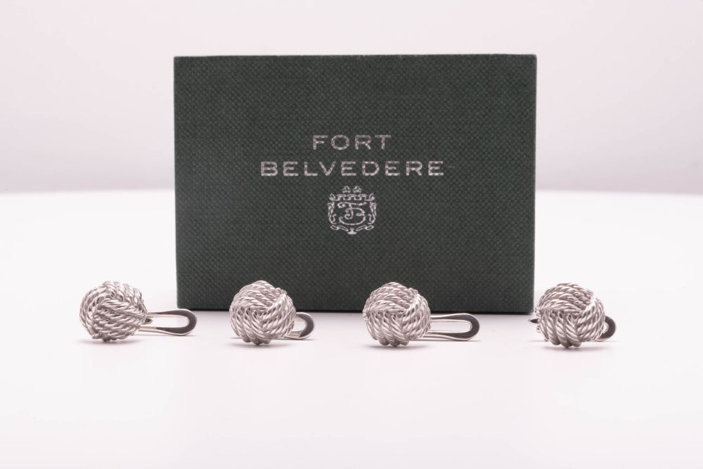 Platinum Evening Shirt Studs with Monkey Fist Knots in Sterling Silver in gift box by Fort Belvedere
