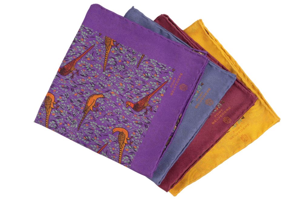 Reversible Madder Silk Pocket Square in Cornflower Blue with Orange Pheasants and Ochre Paisley